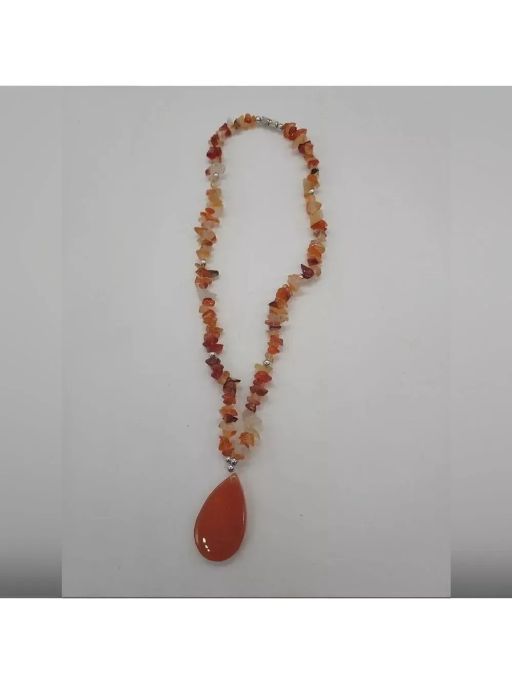 Vintage Carnelian Quartz Necklace 17.5" Single Strand With Stone Pendant
